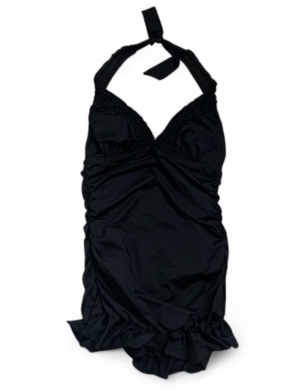Vintage Kenneth Cole Black Halter One-Piece Swimdress with Ruffle Hem